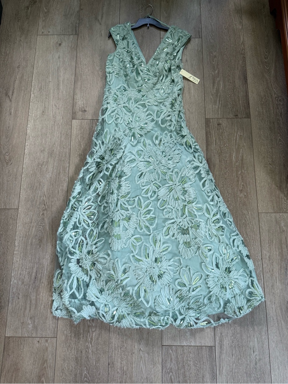 Eliza V-Neck Floral Appliqué Evening Dress in Sage Green